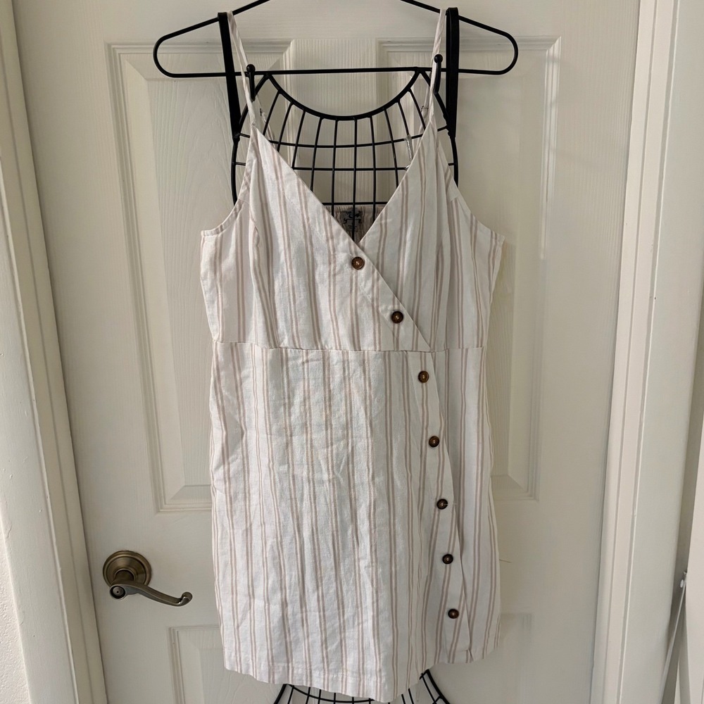 J for Justify Linen Blend Striped Faux Wrap Mini Dress Women's Large